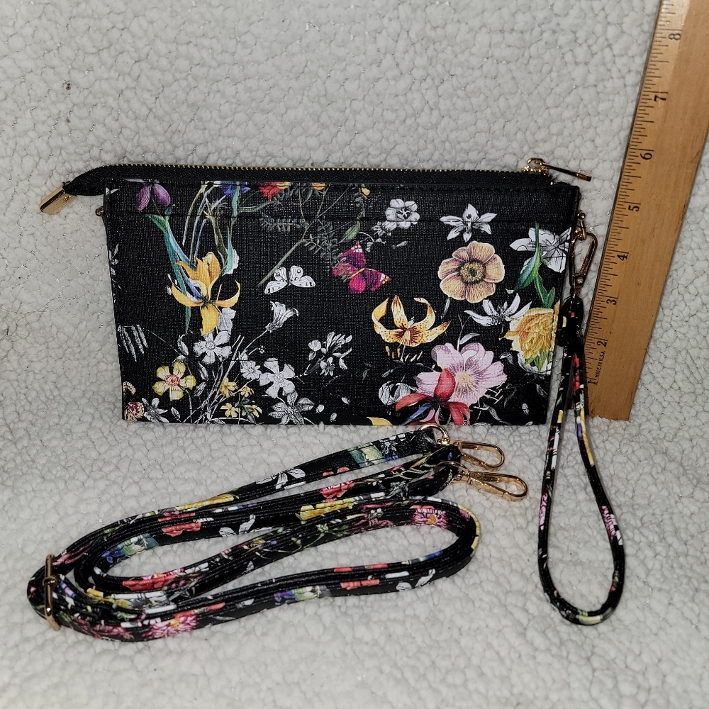 Multi Floral Midnight Garden Crossbody Wristlet Purse Pocketbook Handbag NEW - Picture 2 of 8